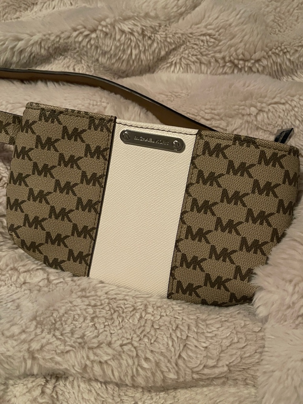 Michael Kors Tan MK Monogram with White Center Stripe Belt Bag